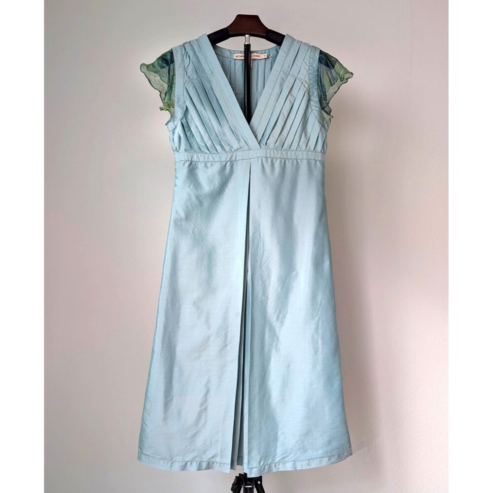 Silk Empire Waist Flutter Sleeve Blue Green Pintuck Dress Regency Bridgerton VTG